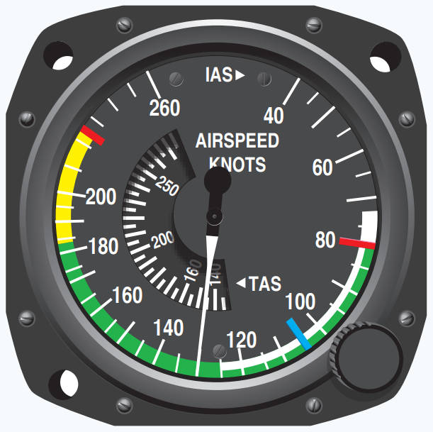 Prędkościomierz w samolocie, pokazujący prędkość w węzłach