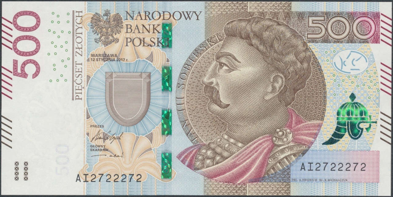 Banknot 500 zł (awers). Widoczny wizerunek króla Jana III Sobieskiego.