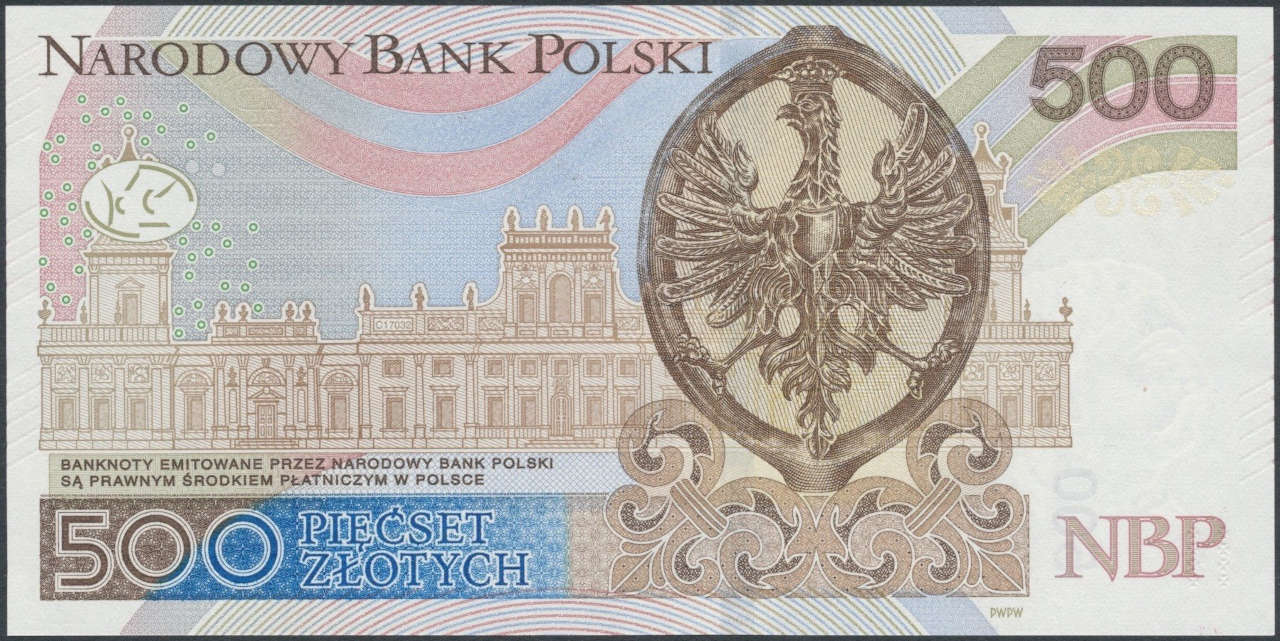 Banknot 500 zł (rewers). W tle widoczny rysunek pałacu króla Jana III w Wilanowie.