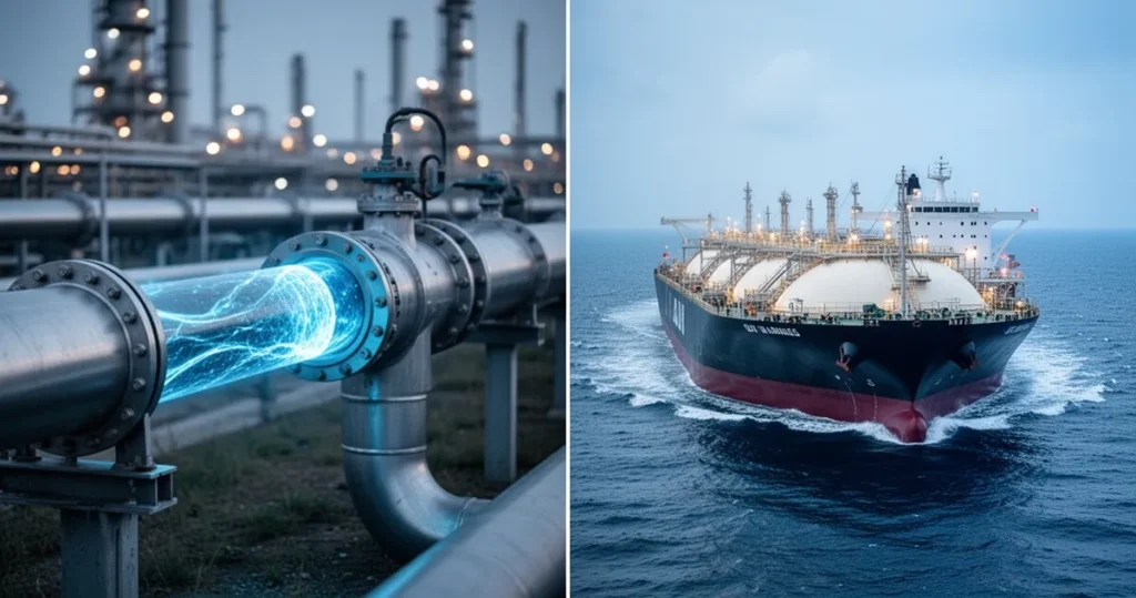 Czym różni się gaz ziemny od LNG w praktyce? Po lewej gazociąg z niebieskim świecącym przepływem gazu, po prawej duży przemysłowy tankowiec LNG na oceanie, porównanie inf