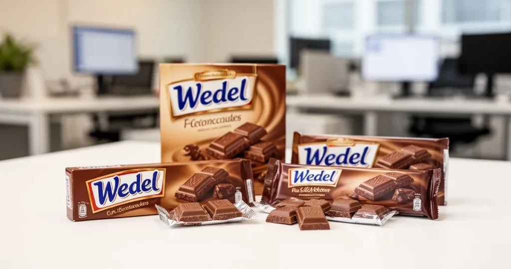 Kto jest właścicielem firmy Wedel? Zbliżenie na produkty i opakowania czekolady E. Wedel na białym tle, w tle z rozmytym biurowym wnętrzem.