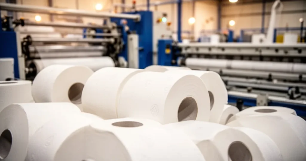 Jak powstaje papier toaletowy? Proces produkcji krok po kroku Rolki białego papieru toaletowego na pierwszym planie z rozmytą linią produkcyjną w tle w zakładzie przemysłowym.