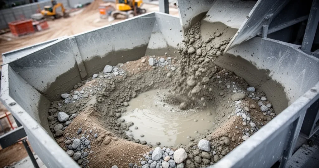 Jak produkuje się beton? Z czego składa się mieszanka? Zbliżenie na mieszankę betonu z cementu, piasku, żwiru i wody w betoniarce w świetle dziennym.