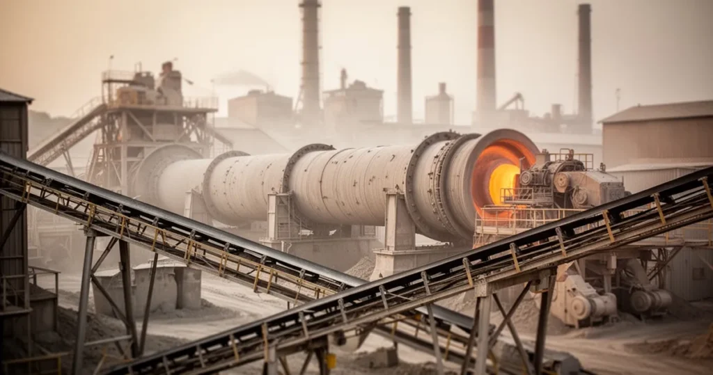 Jak produkuje się cement? Co dzieje się w cementowni? Przemysłowa cementownia z dużym piecem obrotowym i systemem przenośników taśmowych w hali produkcyjnej.