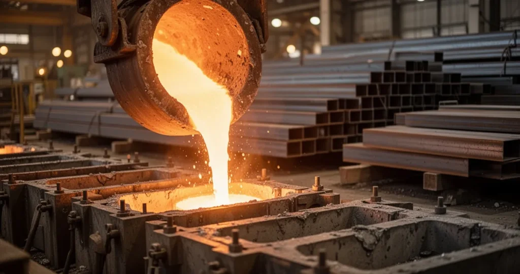 Jak powstaje stal? Droga od rudy żelaza do blach i profili Roztopiony metal wlewany do form w zakładzie produkcyjnym, z ułożonymi w tle gotowymi stalowymi profilami i belkami.