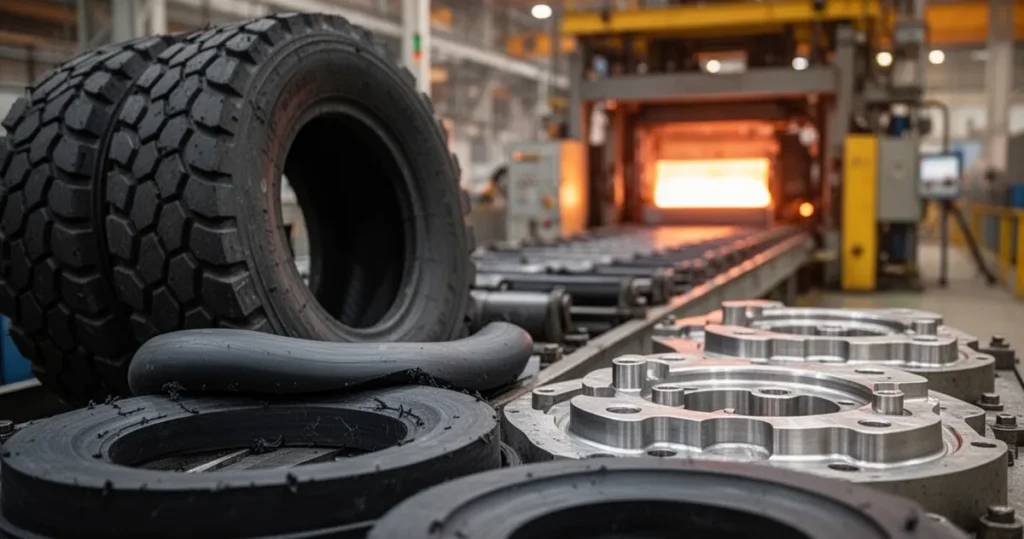 Jak powstają opony samochodowe? Od kauczuku do gotowego produktu Zbliżenie na przemysłowe maszyny do produkcji opon, surowy kauczuk i metalowe formy w hali fabrycznej.