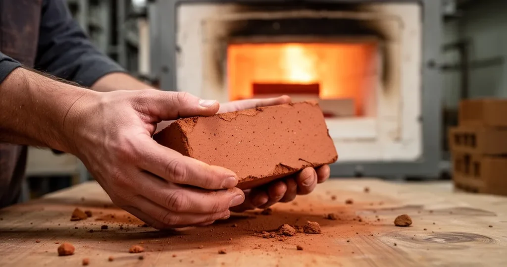 Jak powstają cegły ceramiczne? Produkcja od gliny do wypału Dłonie trzymające surową glinę na drewnianym blacie, w tle rozmyty piec przemysłowy do wypalania cegieł.