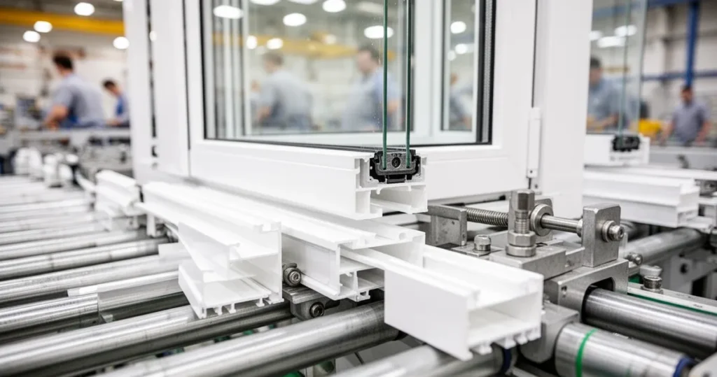 Jak produkuje się okna PVC? Zbliżenie na nowoczesną linię produkcyjną ram okiennych z PVC z białymi profilami i metalowymi elementami w hali.