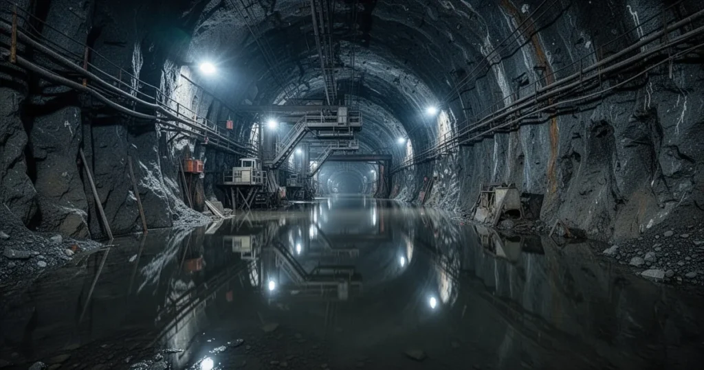 Zalany wodą podziemny szyb kopalni z odbijającymi się w niej elementami konstrukcyjnymi w mrocznym, industrialnym świetle.