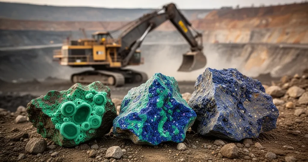 Zbliżenie na surowe minerały ziem rzadkich, w tle rozmyta odkrywkowa kopalnia z maszyną wydobywczą.