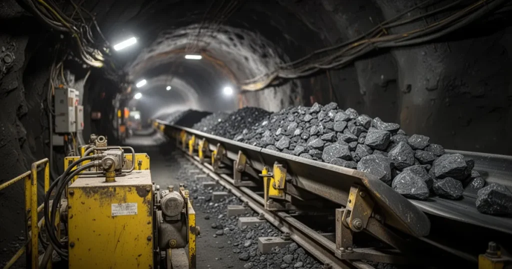 Jak wygląda transport urobku w kopalni? Podziemny tunel kopalni z taśmociągiem transportującym urobek, w tle zamglony szyb i żółte oświetlenie ostrzegawcze.