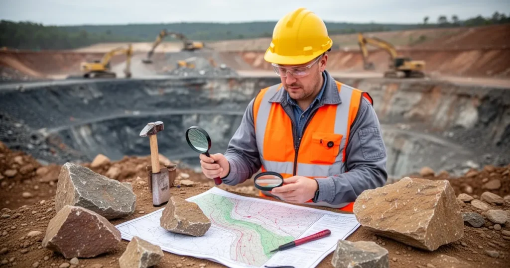 Geolog w kasku i odzieży ochronnej bada próbki skał oraz mapy geologiczne na tle kopalni odkrywkowej.