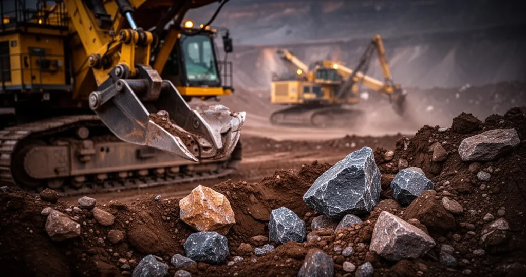 Co decyduje o opłacalności wydobycia? Zbliżenie na sprzęt górniczy i wydobyte minerały w industrialnym oświetleniu na tle kopalni.