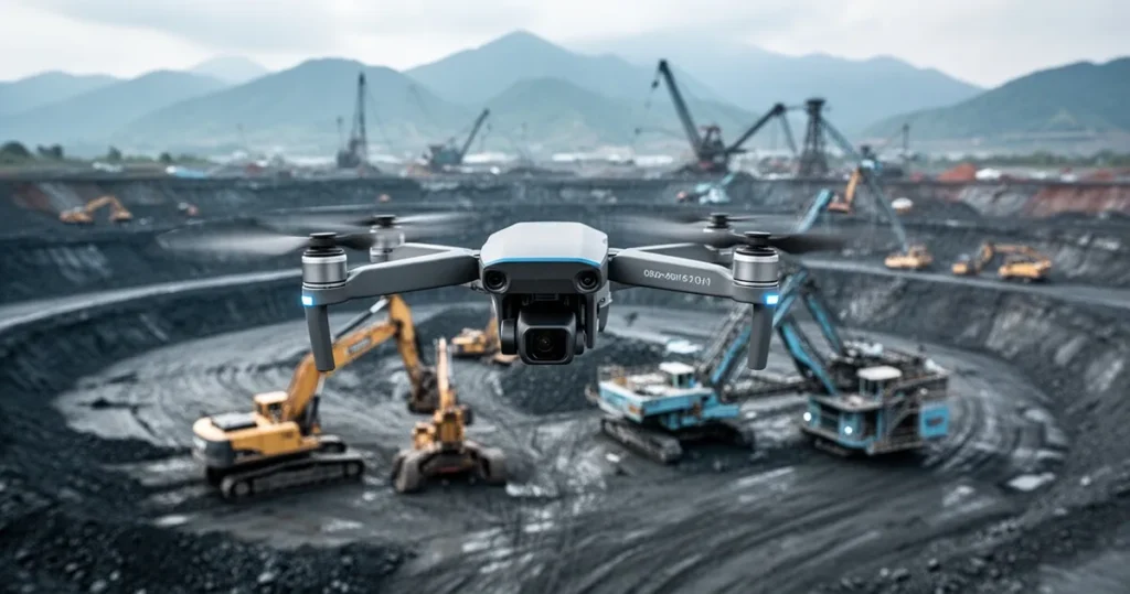 Nowoczesny dron latający nad kopalnią odkrywkową z koparkami i maszynami górniczymi na tle gór.