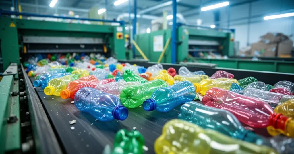 Jak powstaje poliester z plastikowych butelek? Recykling w przemyśle odzieżowym Kolorowe plastikowe butelki na taśmie produkcyjnej w zakładzie recyklingu w procesie przetwarzania na surowiec.