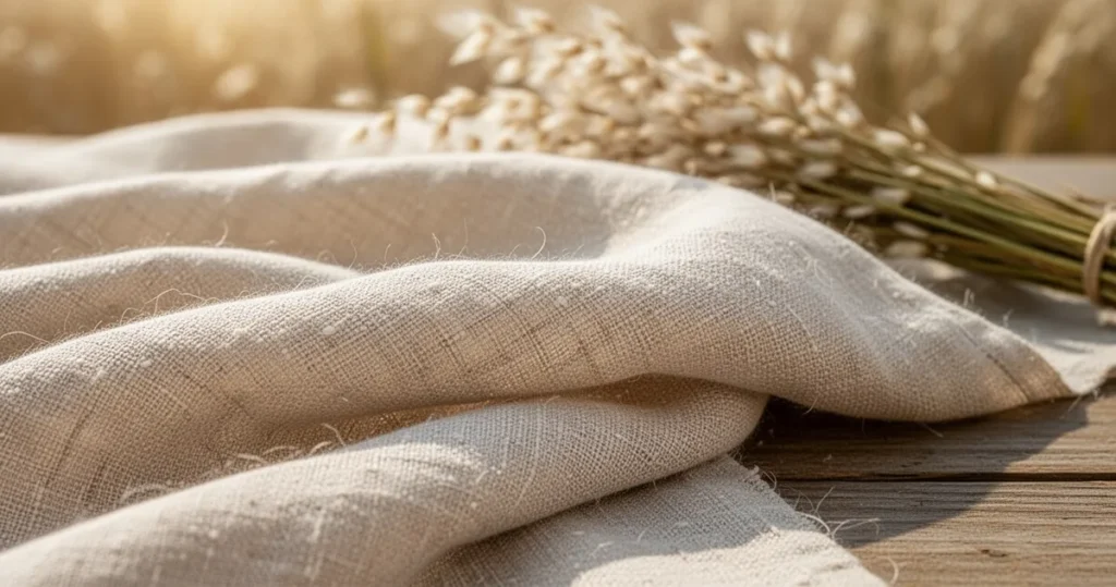 Produkcja tkanin lnianych – dlaczego len jest tak trwałym materiałem? Zbliżenie na fakturę naturalnej tkaniny lnianej w odcieniach beżu na drewnianym blacie w otoczeniu rozmytych roślin lnu.
