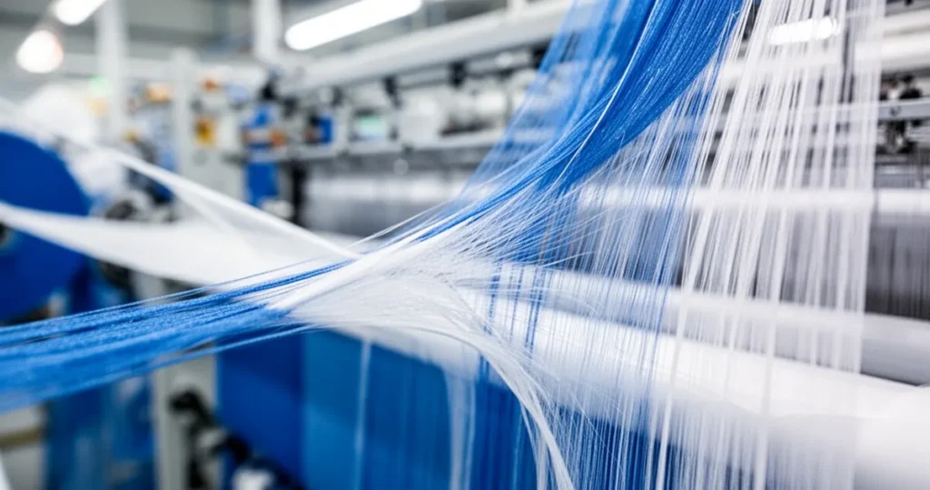 Jak powstaje elastan? W jaki sposób ubrania stają się elastyczne? Zbliżenie na włókna niebiesko-białej elastycznej tkaniny z rozmytym tłem hali produkcyjnej w tle.