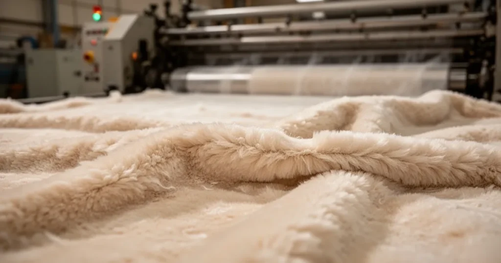 Jak produkuje się polar? Od tworzyw sztucznych do ciepłej bluzy Zbliżenie na miękką fakturę materiału typu polar; w rozmytym tle widoczne maszyny przemysłowe w ciepłym świetle.