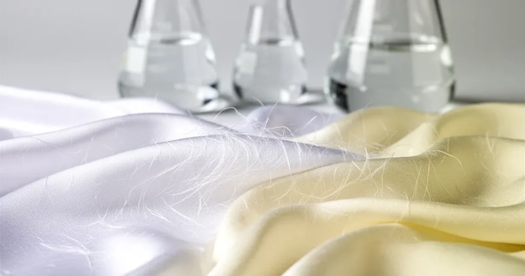 Jak powstaje wiskoza? Czy to materiał naturalny czy sztuczny? Zbliżenie na gładką, połyskującą tkaninę wiskozową w odcieniach bieli i kremu z widoczną strukturą włókien celulozy.