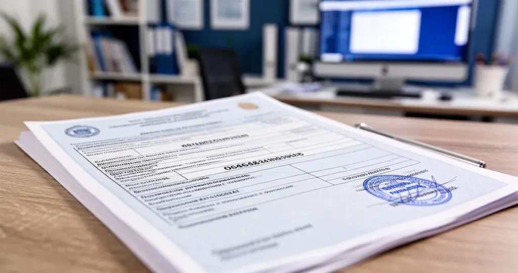 Oficjalny dokument księgi wieczystej z widocznymi numerami rejestracyjnymi i pieczęciami na drewnianym biurku.