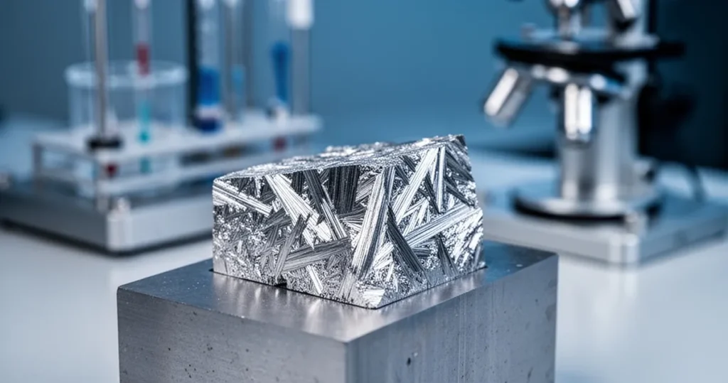 Zbliżenie na próbkę metalu o krystalicznej strukturze i srebrzystym połysku z rozmytym wyposażeniem laboratorium w tle.