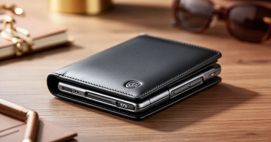Jak wybrać portfel antykradzieżowy, który łączy bezpieczeństwo z elegancją? Elegancki portfel antykradzieżowy ze skóry premium na drewnianym blacie, podświetlony naturalnym światłem, ukazujący nowoczes