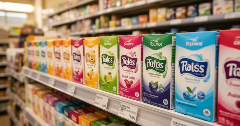 Podobne produkty z różnymi opakowaniami i markami ustawione na półkach sklepowych w ciepłym oświetleniu