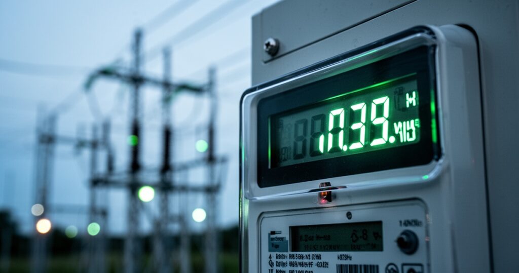 Zbliżenie na cyfrowy licznik energii elektrycznej wyświetlający odczyt w kilowatogodzinach, w tle rozmyte linie energetyczne