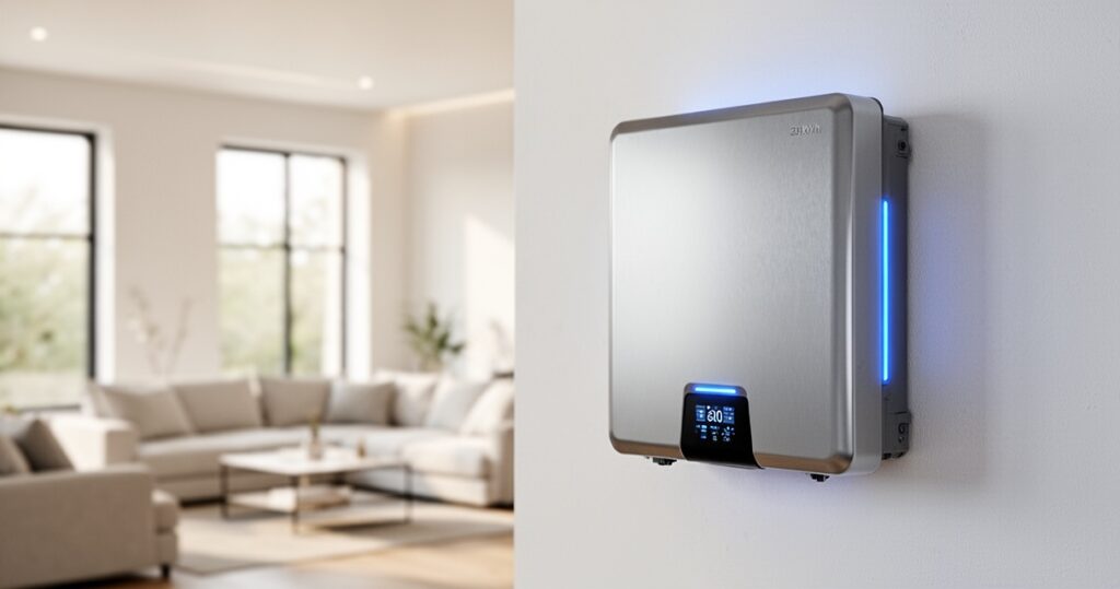 Magazyn energii 20 kWh – cena i co warto wiedzieć przed zakupem Magazyn energii 20 kWh zamontowany na białej ścianie w nowoczesnym salonie, metaliczna obudowa z niebieskimi wskaźnikami LED