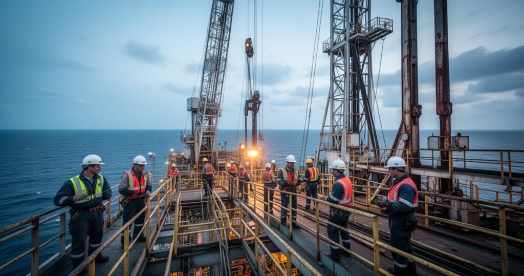 Pracownicy w kaskach i odzieży ochronnej na morskiej platformie wiertniczej, stalowe konstrukcje i derrick na tle oceanu