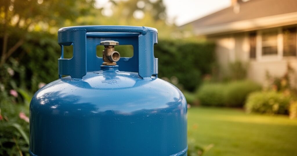 Duży niebieski zbiornik na gaz propan 2700 litrów w ogrodzie przy domu, ujęcie z dołu eksponujące rozmiar zbiornika.