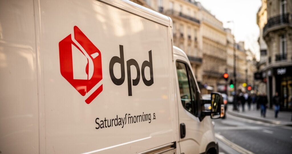 Czy kurier DPD pracuje w soboty? Samochód dostawczy DPD zaparkowany na miejskiej ulicy w sobotnie poranek, naturalne światło dzienne