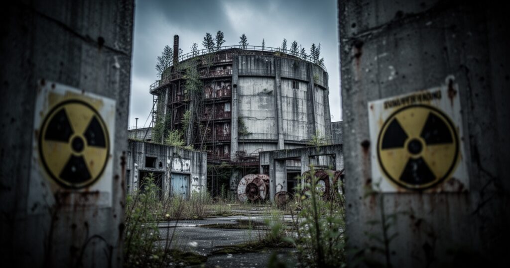 Opuszczony reaktor elektrowni jądrowej w Czarnobylu – zarośnięty budynek z betonu w mrocznej, chłodnej atmosferze