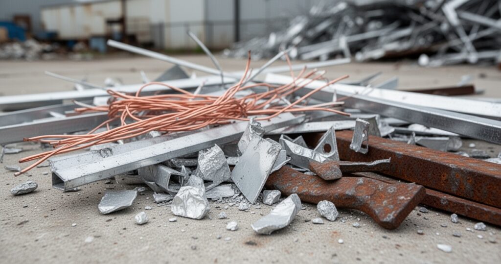 Złom metalowy: miedziane druty, kawałki aluminium i żelaza na betonowej powierzchni w świetle dziennym