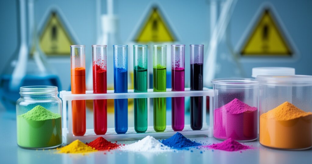 Kolorowe barwniki spożywcze w probówkach i pojemnikach na laboratoryjnym blacie, symbole ostrzeżeń w tle