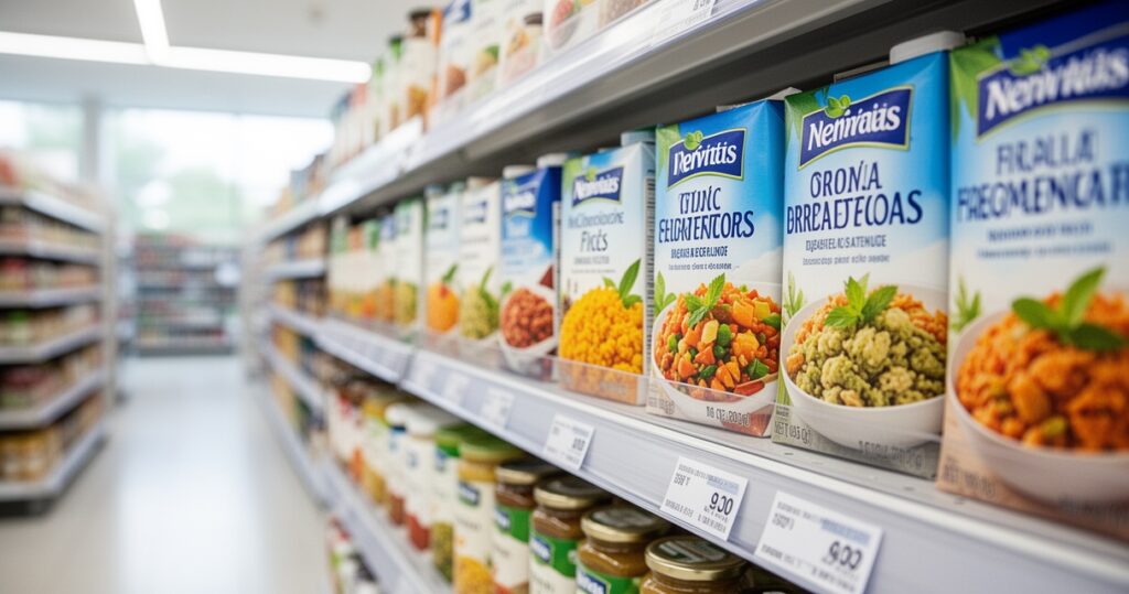 Konserwanty w żywności – których dodatków konsumenci boją się najbardziej? Kolorowe produkty spożywcze na półce supermarketu z widocznymi etykietami składników w jasnym, naturalnym świetle