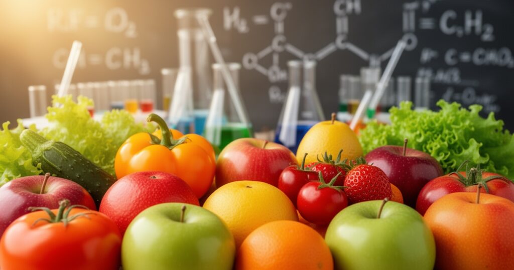 Utleniacze i przeciwutleniacze w żywności – po co producenci je stosują? Świeże, kolorowe owoce i warzywa na tle rozmazanego sprzętu laboratoryjnego i wzorów chemicznych.