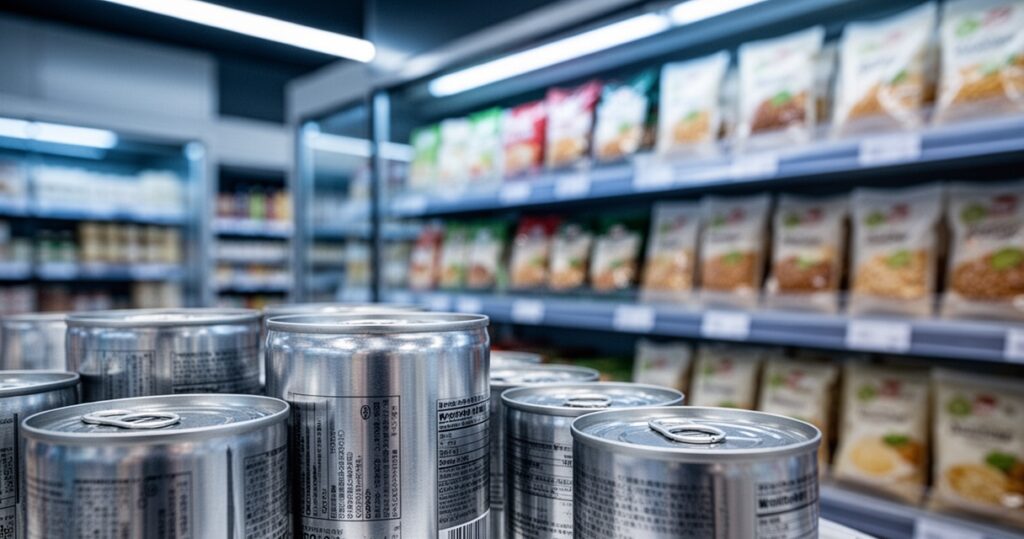 Czy puszki z żywnością nadal zawierają bisfenol A? Puszki z żywnością na sklepowej półce, metaliczne opakowania z etykietami, chłodne niebieskie tony oświetlenia