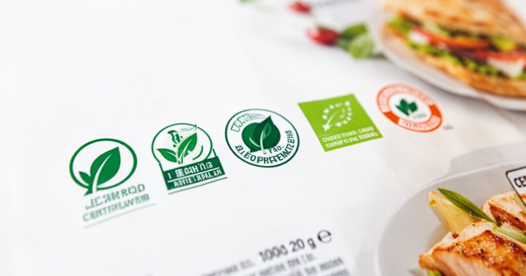 Symbole i znaki certyfikacji na opakowaniach produktów spożywczych na białym tle