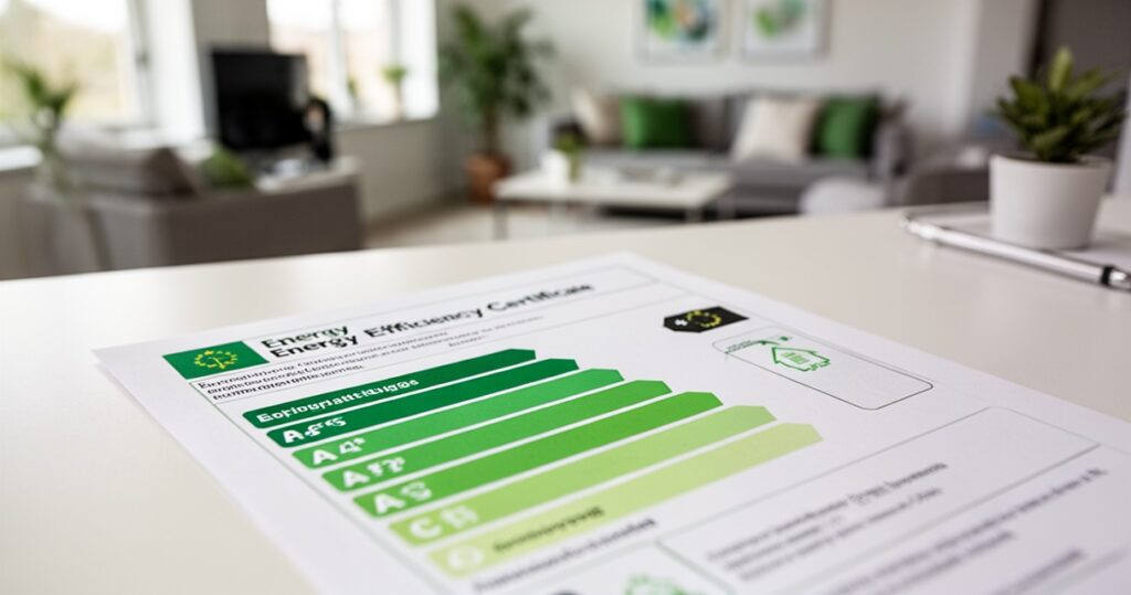 Świadectwo charakterystyki energetycznej – ile kosztuje i od czego zależy cena? Dokument świadectwa charakterystyki energetycznej z zieloną skalą ocen energetycznych, leżący na biurku w nowoczesnym wnętrzu