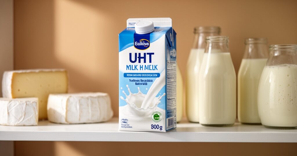 Karton mleka UHT na półce otoczony świeżymi produktami mlecznymi, naturalne miękkie oświetlenie