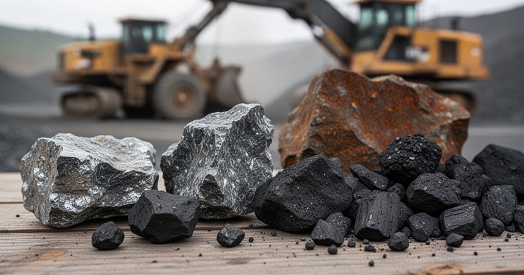 Próbki rud mineralnych i bryły węgla na drewnianej powierzchni, w tle rozmazany sprzęt górniczy.