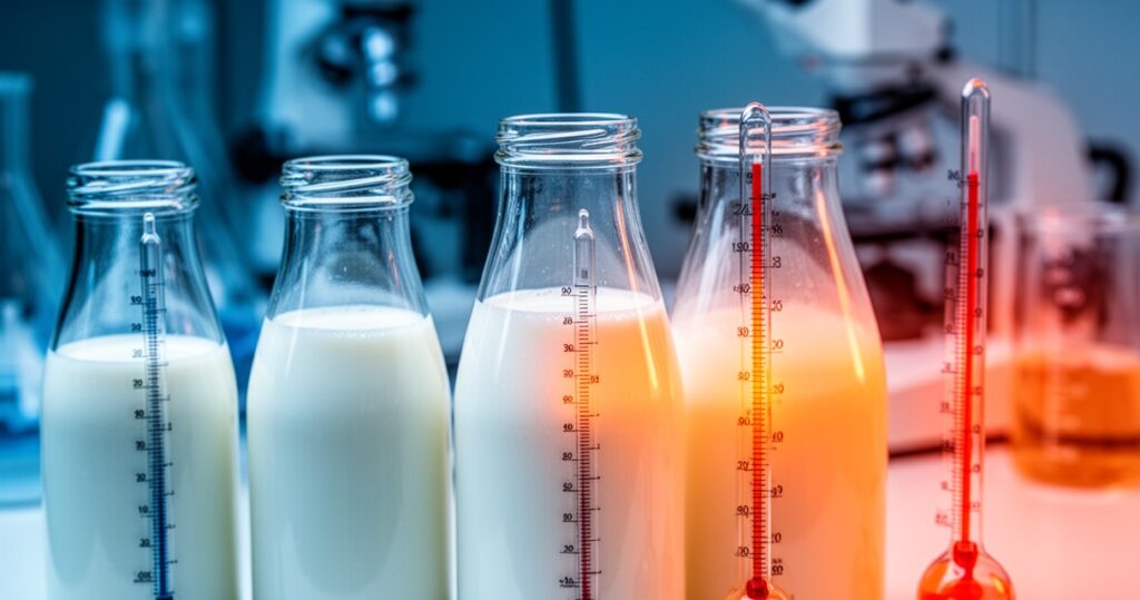 Sterylizacja a pasteryzacja – czym różnią się te procesy? Szklane butelki z mlekiem poddawane obróbce termicznej w laboratorium, z termometrami wskazującymi różne temperatury