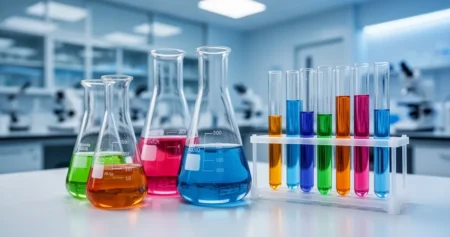 Szklane zlewki i probówki z kolorowymi płynami na blacie laboratoryjnym w nowoczesnym laboratorium.