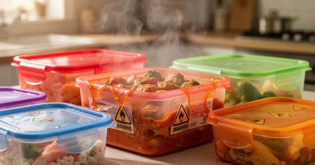 Dlaczego nie powinno się podgrzewać jedzenia w niektórych plastikowych pojemnikach? Kolorowe plastikowe pojemniki z gorącym jedzeniem, z których unosi się para; niektóre wykazują oznaki odkształcenia od wysoki