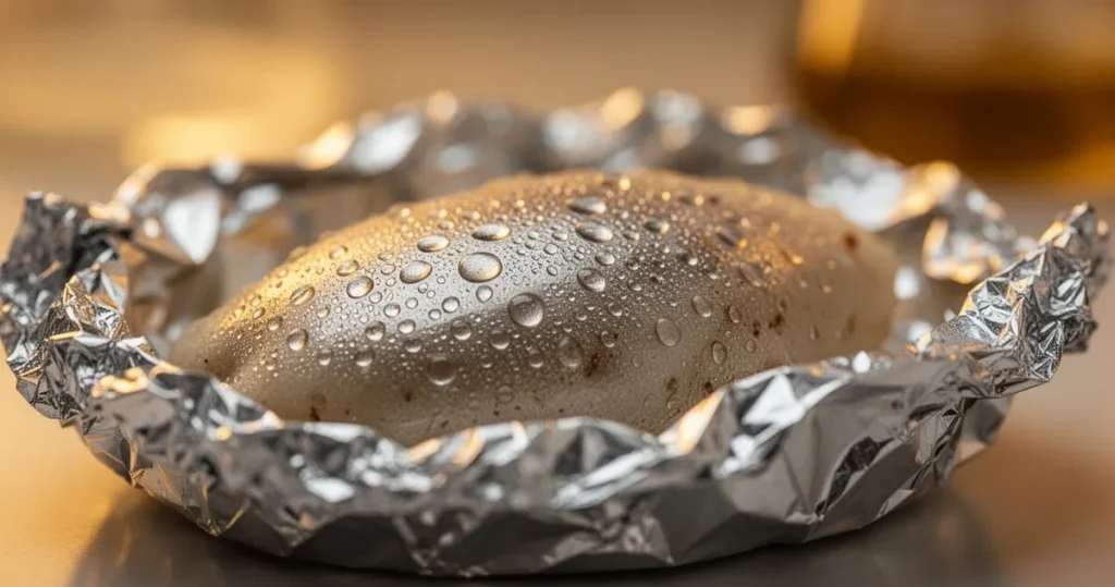 Żywność owinięta folią aluminiową z kroplami kondensacji w ciepłym złotym świetle