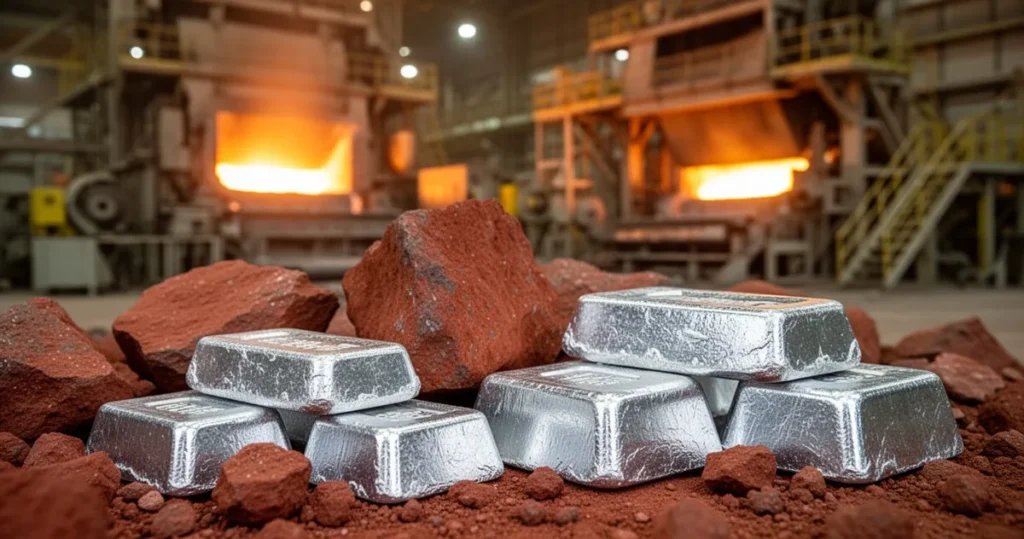 Jak powstaje aluminium z boksytu w procesie przemysłowym? Czerwone bryły boksytu obok błyszczących sztab aluminium na tle hut z piecami w ciepłych, przemysłowych barwach.