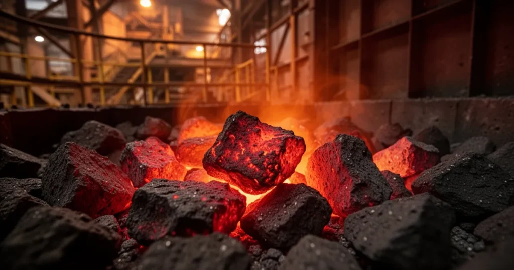 Na czym polega proces koksowania węgla? Rozżarzony koks w industryjnym piecu koksowniczym - czerwono-pomarańczowe kawałki metalu z deformacją ciepła, dramatyczne ośw