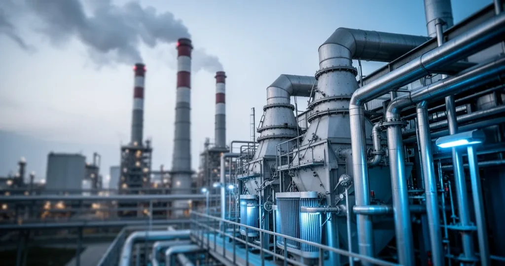 Elektrownia z wysokimi kominami, na pierwszym planie nowoczesne urządzenia odsiarczające, rury i filtry przy niebieskim oświe