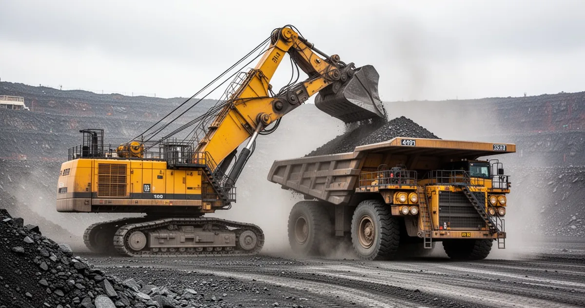 Duża koparka hydrauliczna górnicza ładująca urobek do wywrotki